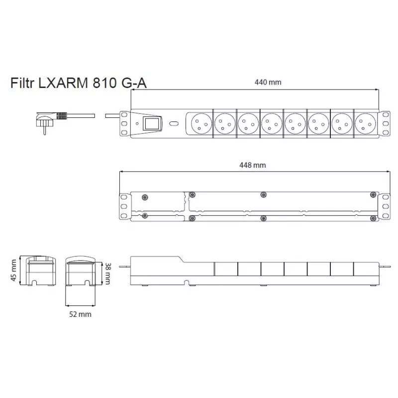LESTAR LXARM 810 G-A K.:CZ 1,5M 19PDU juodas 8 kintamosios srovės lizdai 230 V 1,5 m