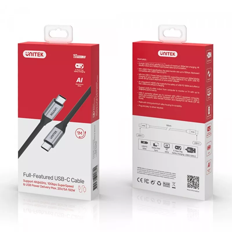 USB C į C duomenų ir įkrovimo laidas Unitek C14082ABK 1 m, USB 3.2 Gen 2 (10 Gbit/s), 100 W PD, juodas