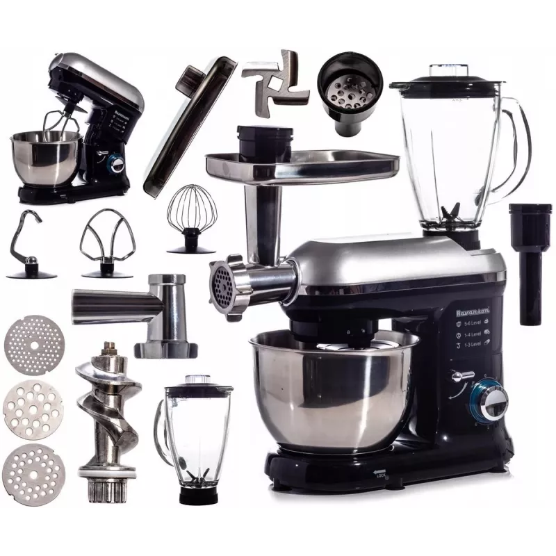 Planetarinė mėsmalė Ravanson RP-1500BS — 1500 W, 4,5 L nerūdijančio plieno dubuo, 6 greičiai, pulsas, priedai
