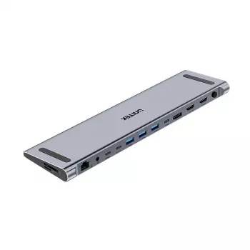 KVM jungiklis Unitek D1106AGY01 USB-C triguba 4K prijungimo stotelė su KVM, 3x USB-A, 5x USB-C, HDMI×2, DP×1, RJ-45, SD skaitytuvas, 3840×2160@60Hz, aliuminis