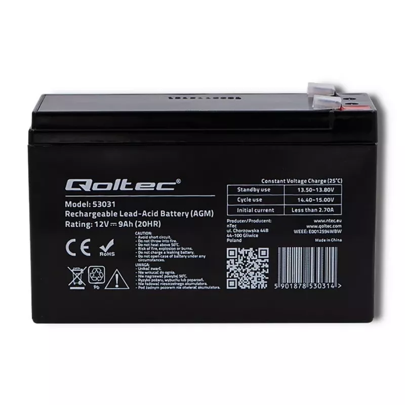 Nepertraukiamo maitinimo šaltinio baterija QOLTEC 53031 12V 9Ah žalia, 152×94×65 mm, 2,35 kg
