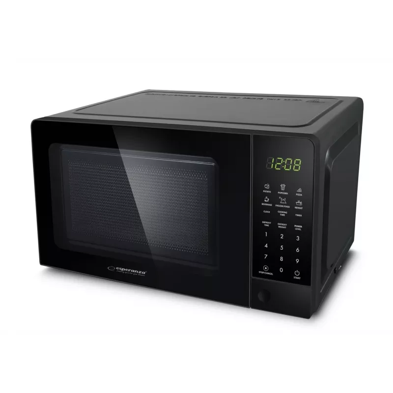 Solo mikrobangų krosnelė ESPERANZA EKO009 — 700 W, 20 L, LED ekranas, jutiklinis valdymas, 24,5 cm stiklinis sukamojo stalo padėklas, juoda