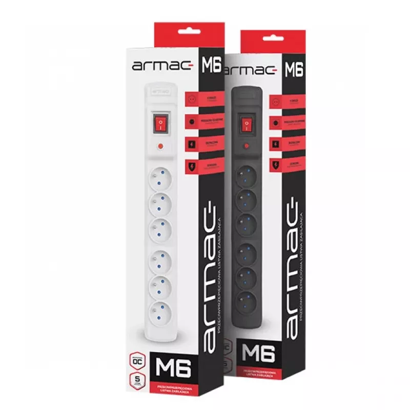 Armac Multi M6 | maitinimo lizdų blokas | apsauga nuo viršįtampių, 6 lizdai, 5 m laidas, juodas