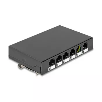 Tuščias skydelis 6 prievadų Keystone RJ moduliams DELOCK 90628, juodas, metalinis, skirtas montuoti ant stalo / sienos / DIN bėgelio