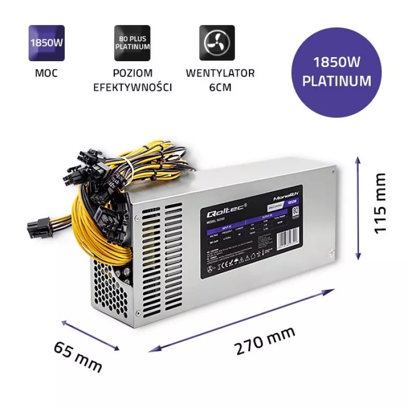 Qoltec 50350 maitinimo šaltinis 1850W PCI-E| 80 Plus Platinum | Gaming Miner
