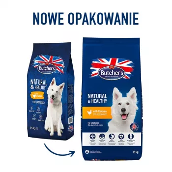 Sausas šunų maistas Butcher's Adult Vištiena 15 kg — sausi trupiniai, 20% baltymų, 9% riebalų, Vitaminas E 150 mg/kg