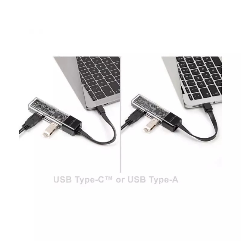 DELOCK USB 3.2 Gen 1 (3.1 Gen 1) 4 prievadų šakotuvas su Type-A + Type-C priegloba (5000 Mbit/s) juodas/skaidrus