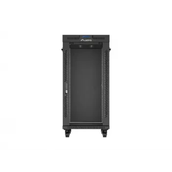 Stovintis 19 colių 24U montavimo spinta LANBERG 600x800 mm juoda su stiklinėmis durelėmis ir LCD išpjova (plokščia pakuotė) v2