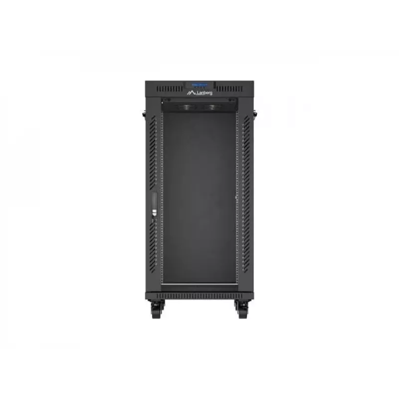 Stovintis 19 colių 24U montavimo spinta LANBERG 600x800 mm juoda su stiklinėmis durelėmis ir LCD išpjova (plokščia pakuotė) v2