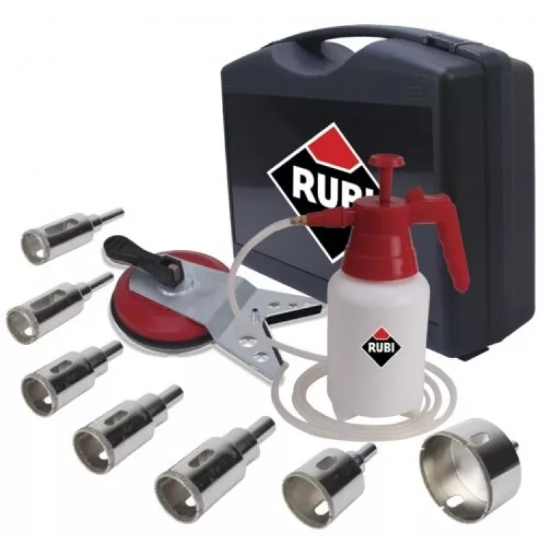 Grąžtų rinkinys RUBI Easy Gres Plus Kit — 7 vnt. deimantinių grąžtų, 27 mm ilgio, porcelianui, su dėklu