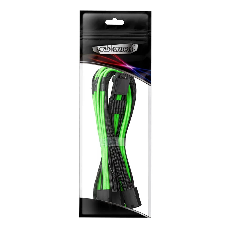 CableMod 12VHPWR į 3× PCIe ModMesh laidas 45 cm, juoda/šviesiai žalia