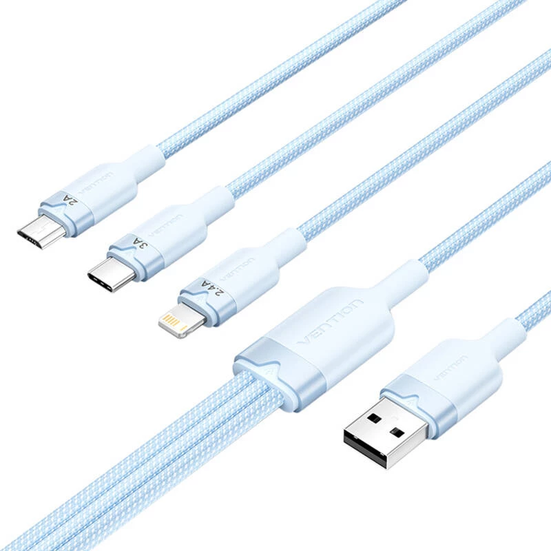 USB 2.0 A – 3 viename 3A laidas Vention CTPLG 1,5 m mėlynas – duomenys ir įkrovimas