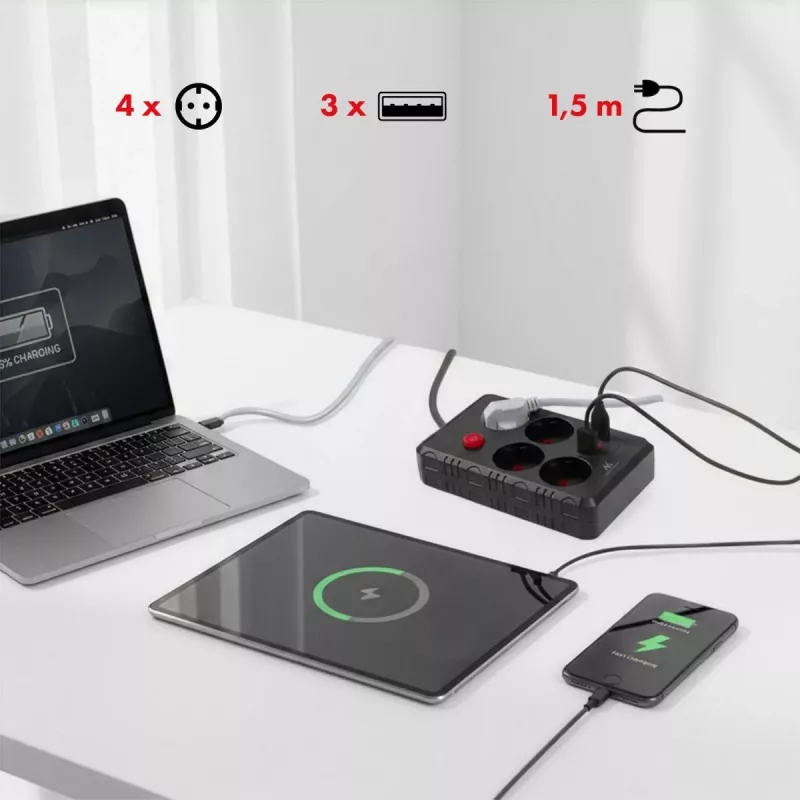 Maitinimo šakotuvas MACLEAN MCE392 B — 4 lizdai, 3×USB, 110–240V, 2,1A, 2500W, 1,5 m laidas, juodas