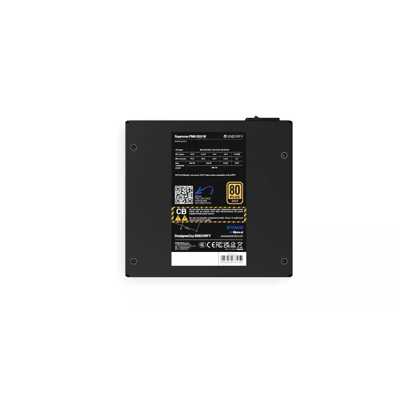 Maitinimo blokas ENDORFY Supremo FM6 850 W, 24 kontaktų ATX, visiškai modulinis, 80 PLUS Gold, 120 mm ventiliatorius, juodas