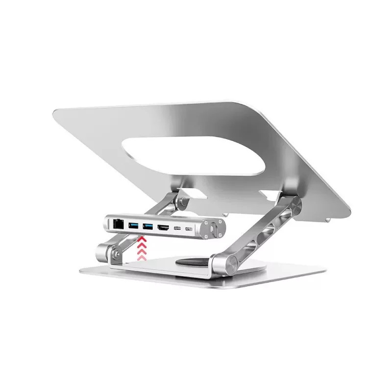 Nešiojamojo kompiuterio stovas Unitek D1109B01 — aliuminis reguliuojamas stovas su nuimamu USB‑C HDMI 4K PD 100W moduliu, iki 17 colių