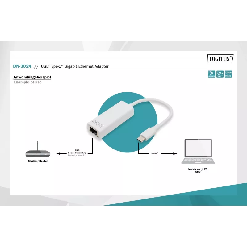 Digitus DN-3024 USB 3.0 adapteris 20 cm 1x USB-C į 1x RJ45 ekranuotas