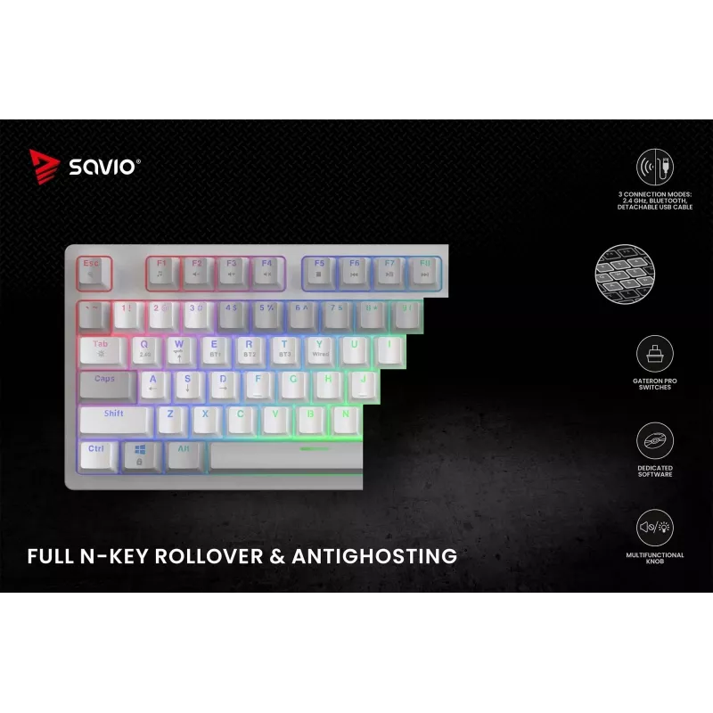 SAVIO PHENIX WHITE belaidė mechaninė klaviatūra, Gateron Red Pro, ABS