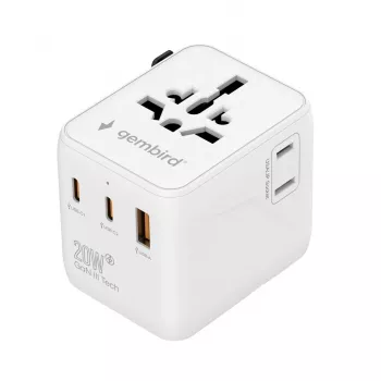 Kelioninis maitinimo adapteris GEMBIRD TPA-1A2C20-01-W — 20 W, USB-A (18 W) + 2× USB-C (20 W), Type E kištukas, baltas