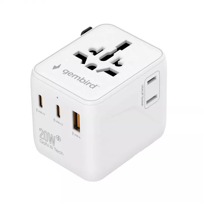 Kelioninis maitinimo adapteris GEMBIRD TPA-1A2C20-01-W — 20 W, USB-A (18 W) + 2× USB-C (20 W), Type E kištukas, baltas