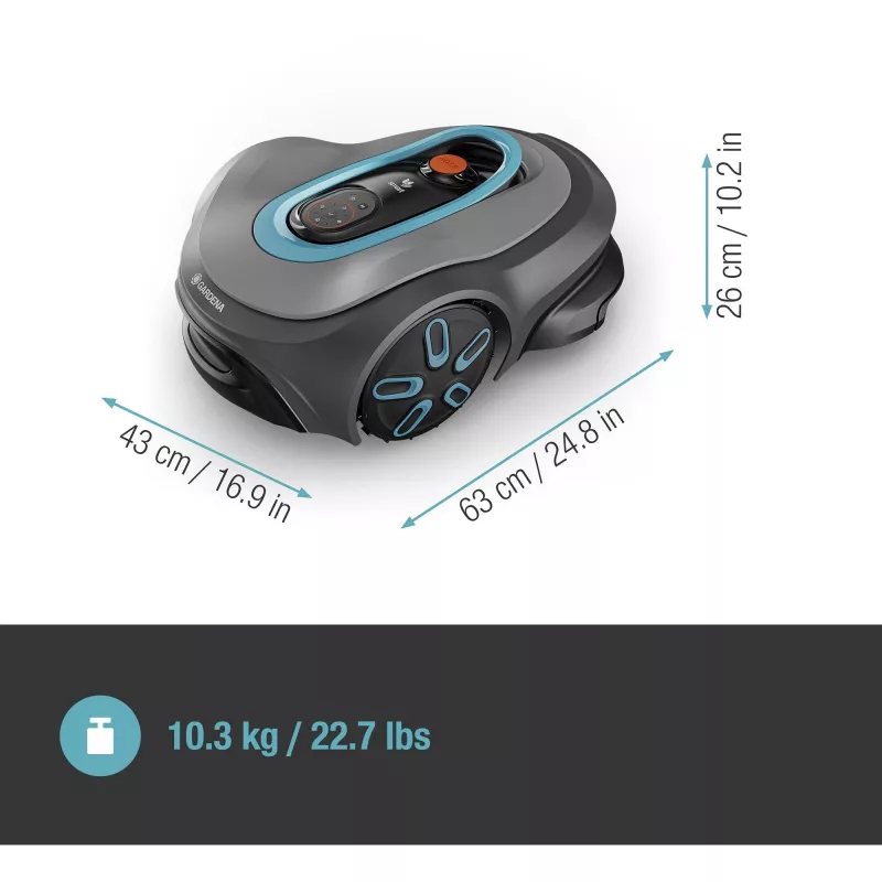 Automatinė vejapjovė GARDENA smart SILENO max — 800 m², 16 cm pjovimo plotis, baterija, LONA navigacija, pilka