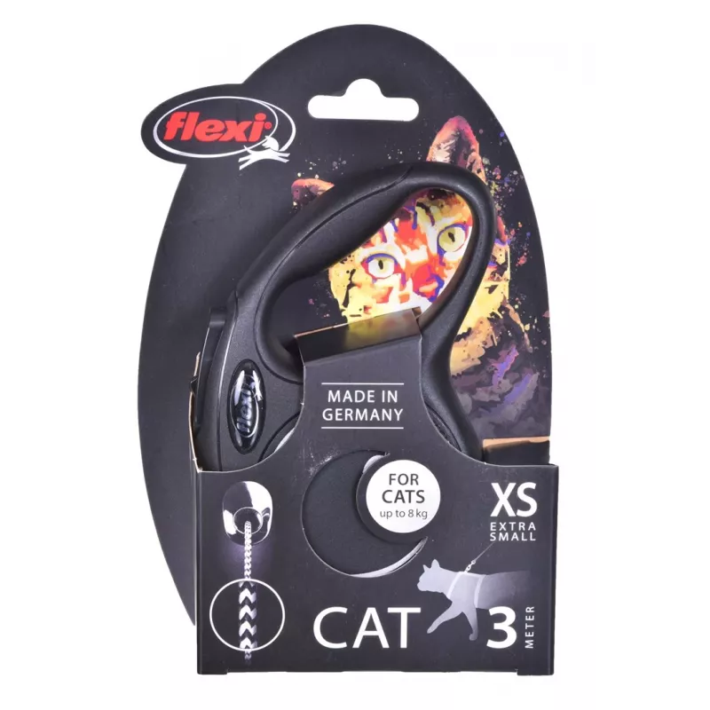 Ištraukiamas pavadėlis Flexi New Classic Cat XS 3 m — laido tipo pavadėlis mažiems augintiniams, juodas, maks. apkrova 8 kg