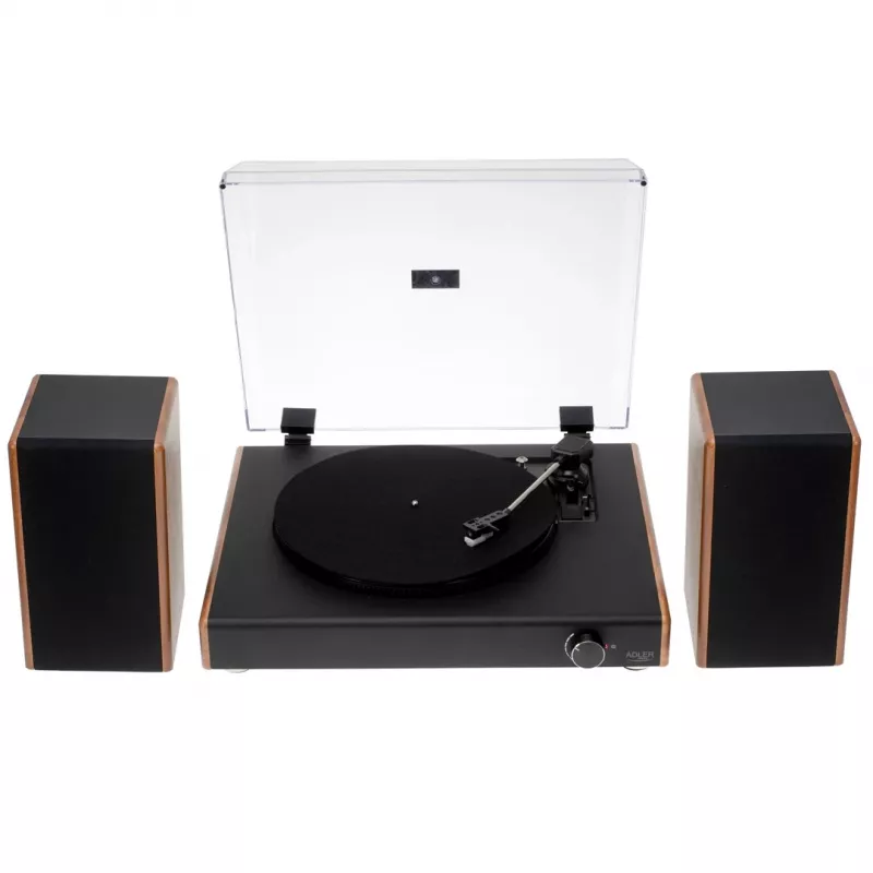 Diržu varomas patefonas Adler AD 1915 USB — keraminė lėkštė, 45 RPM, nuolatinės srovės variklis, Bluetooth 5.4, USB išvestis, 2×10 W garsiakalbiai