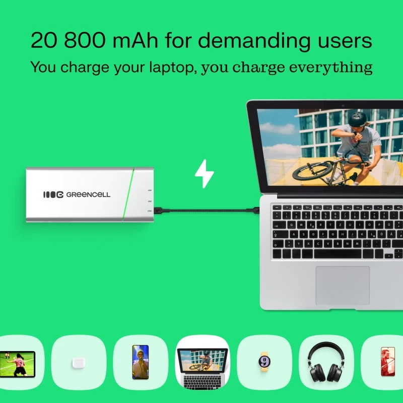 Nešiojama baterija Green Cell BPLGC20P 20800 mAh ličio jonų, USB-C PD 65W, 2x USB-C + 1x USB-A, aliuminio korpusas