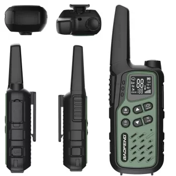 Nešiojama racija Baofeng BF-T25E — 16 kanalų, 2×1400 mAh Li‑Ion, VOX, LCD, žalia, 2 vnt. rinkinys