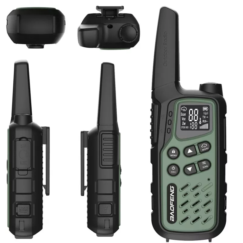 Nešiojama racija Baofeng BF-T25E — 16 kanalų, 2×1400 mAh Li‑Ion, VOX, LCD, žalia, 2 vnt. rinkinys