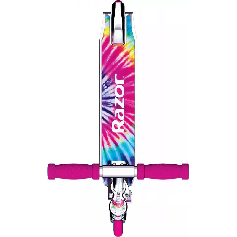 Vaikiškas paspirtukas Razor A Tie-Dye — aliuminis sulankstomas 2 ratų paspirtukas, reguliuojama vairo kolonėlė, ABEC-5, maksimali apkrova 65 kg