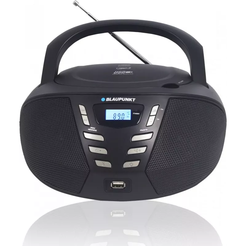 Nešiojamas CD grotuvas Blaupunkt BB7BK — MP3, FM radijas, USB, AUX, maitinamas baterijomis, 2 įmontuoti garsiakalbiai, 240×230×128 mm