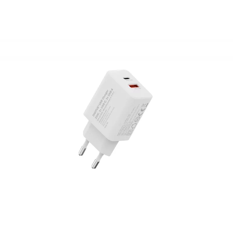 Kintamosios srovės USB įkroviklis DIGITUS 20 W, 1x USB-C, 1x USB-A, įvestis 100–240 V, baltas