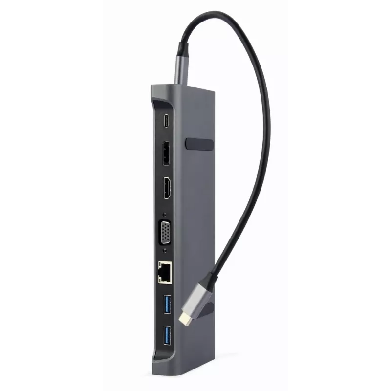Nešiojamojo kompiuterio dokas Gembird A-CM-COMBO9-02 USB 3.2 Gen 1 Type-C, HDMI, VGA, 3×USB-A, Gigabit Ethernet, 87W PD, Pilka