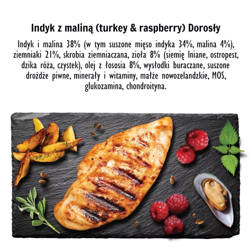 Sausas šunų ėdalas PAKA ZWIERZAKA Turkiena su avietėmis M — 9 kg, suaugusiems didelių veislių šunims, 28 % baltymų, 15 % riebalų