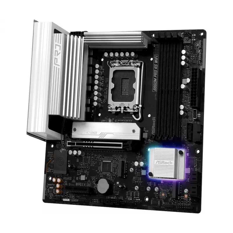 Pagrindinė plokštė ASRock B860M Pro RS WiFi — Intel B860, LGA 1851, micro ATX, DDR5, 4 DIMM, 3x M.2, 2.5Gb LAN, Wi‑Fi, Bluetooth