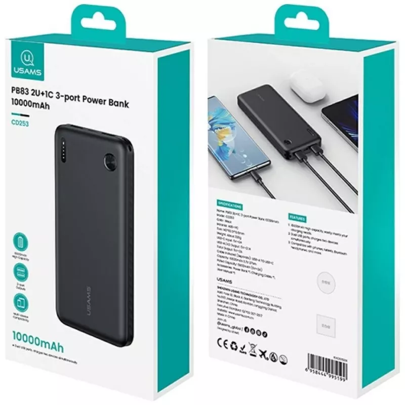 Išorinė baterija usams PB83 10000mAh PD 2×USB-A USB-C balta