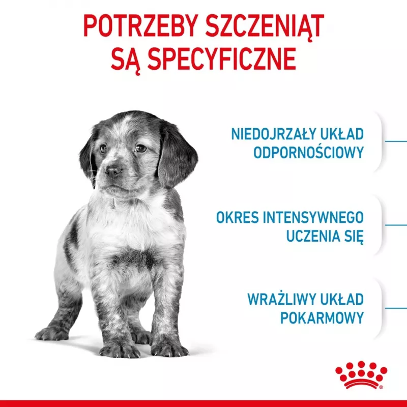 Sausas šunų maistas Royal Canin Medium Puppy 15 kg — vidutinių veislių šuniukams, vištienos skonio, 32 % baltymų, 20 % riebalų
