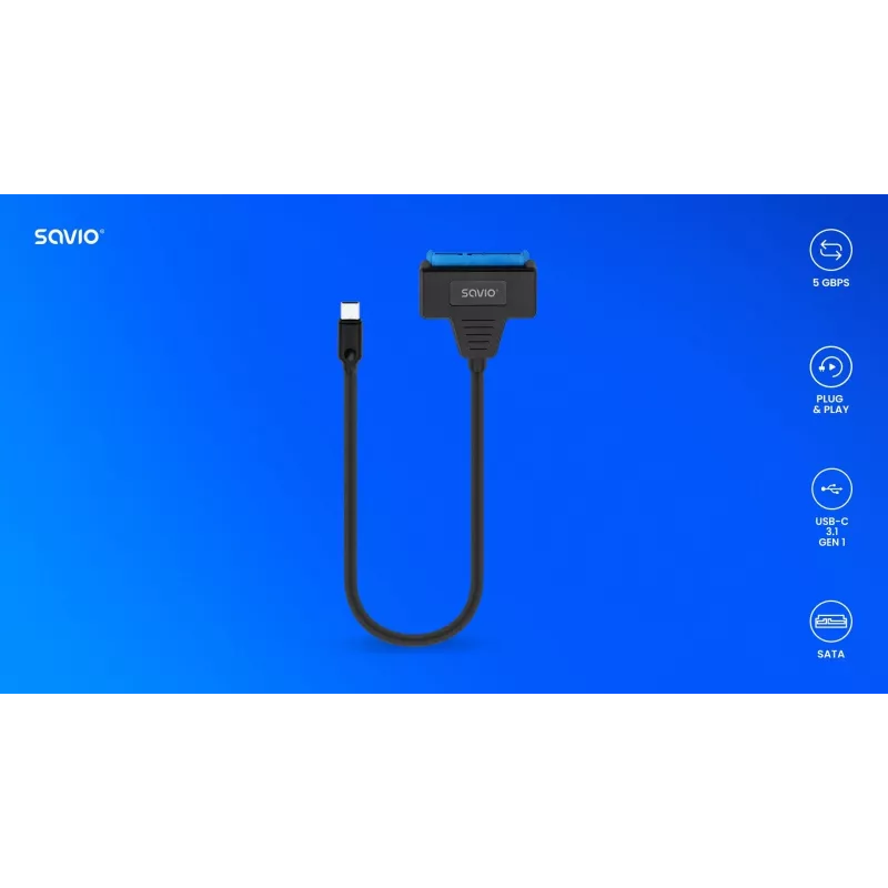 SAVIO SATA į USB-C sąsajos kabelis AK-69, SATA lizdas į USB-C kištuką, USB 3.2 Gen 1 (5 Gbit/s), 0,25 m, juodas