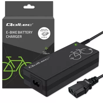 Įkroviklis QOLTEC 36V–42V 2A su C14 IEC 3 kontaktų jungtimi, skirtas elektrinių dviračių baterijoms