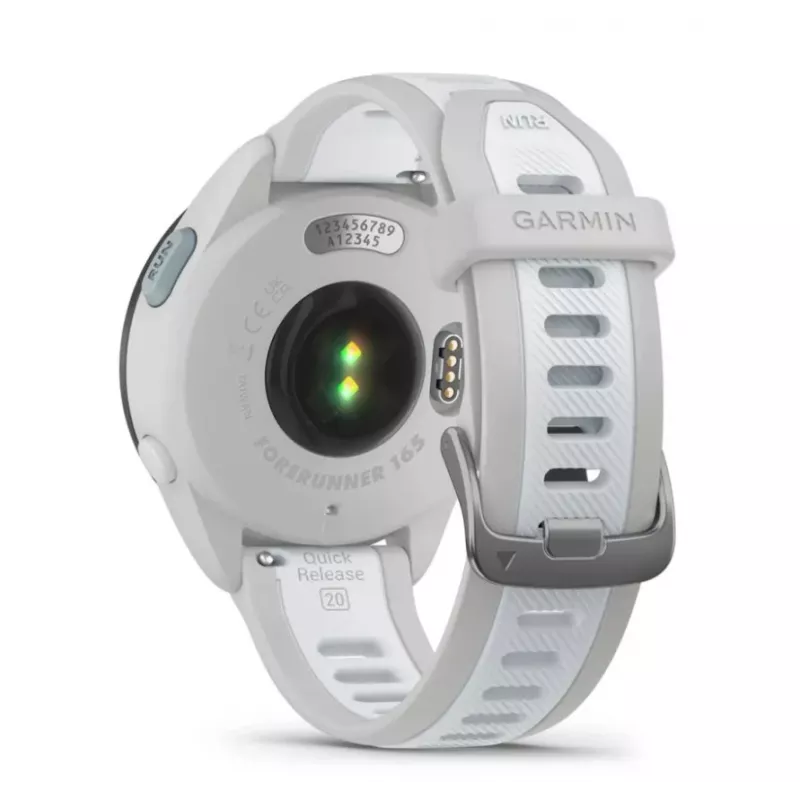 Išmanusis laikrodis GARMIN Forerunner 165 — GPS, AMOLED 1,2 colio, 4 GB, 5 ATM, 11 dienų baterija, pilkas korpusas, baltas dirželis