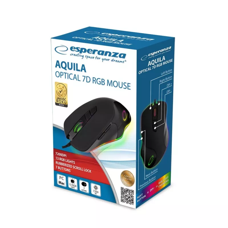 Optinė žaidimų pelė ESPERANZA EM132 — 7 mygtukai, 7200 DPI, RGB, dešiniarankiams, USB 2.0, 1,5 m laidas