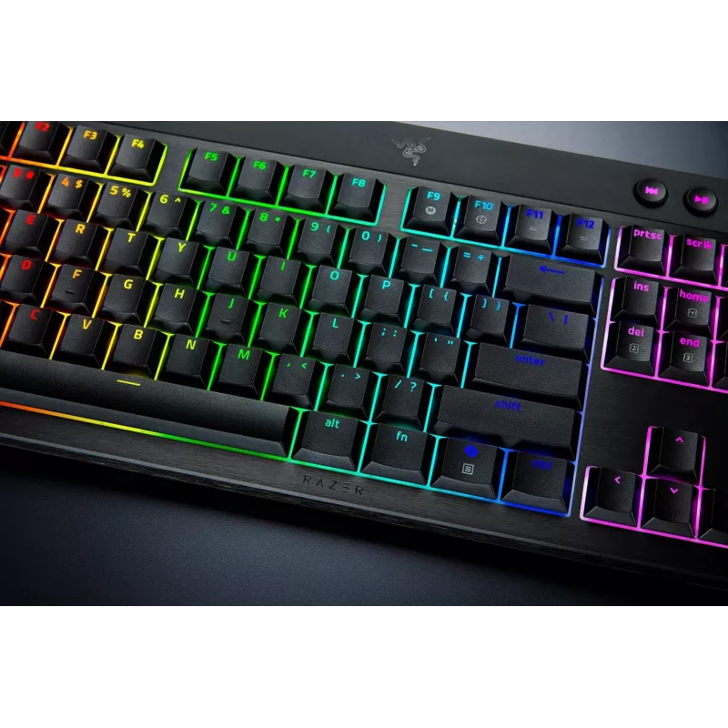 Razer JuodaWidow V4 Low-Profile Tenkeyless HyperSpeed klaviatūra, skirta žaidimams, USB, RF belaidė, Bluetooth, QWERTY, US International, juoda