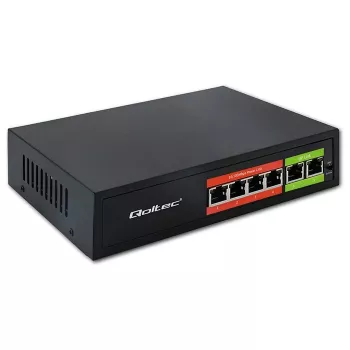 Ethernet PoE Switch QOLTEC 52289 — 4x RJ45 PoE prievadai, 2x RJ45 aukštynkryptis prievadas, 65W galios biudžetas