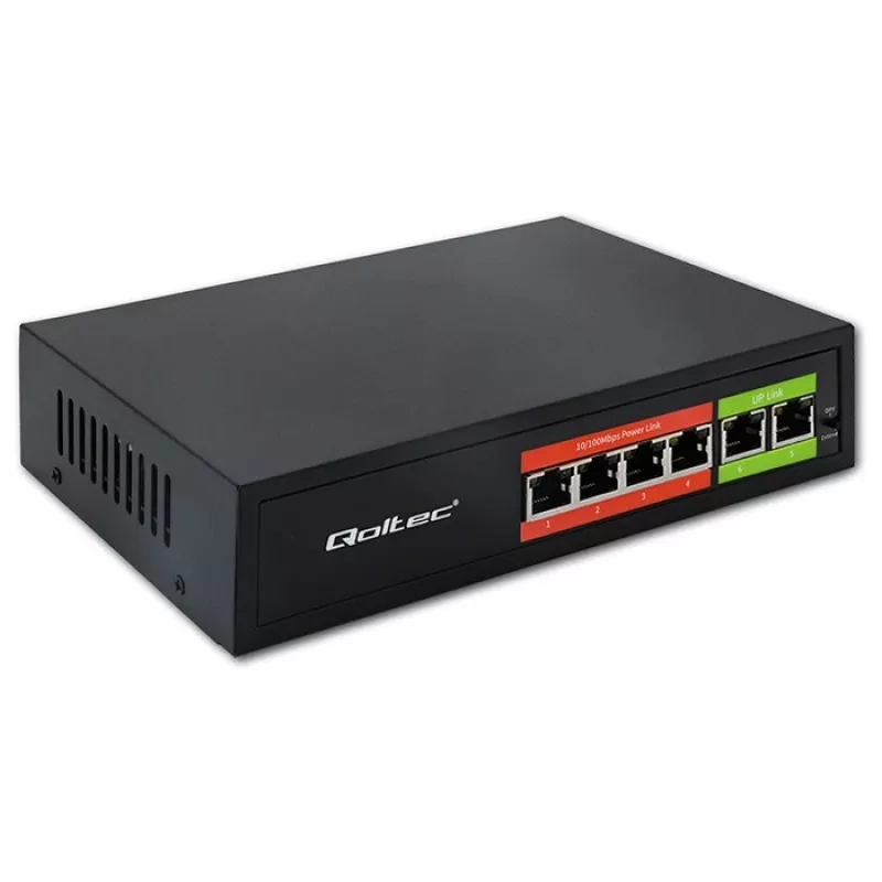 Ethernet PoE Switch QOLTEC 52289 — 4x RJ45 PoE prievadai, 2x RJ45 aukštynkryptis prievadas, 65W galios biudžetas