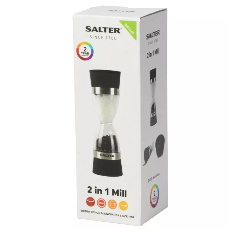 Mechaninis druskos ir pipirų malūnėlis „Salter 7611 BKXRUP1“ 2-in-1 reguliuojami malimo nustatymai, nerūdijantis plienas
