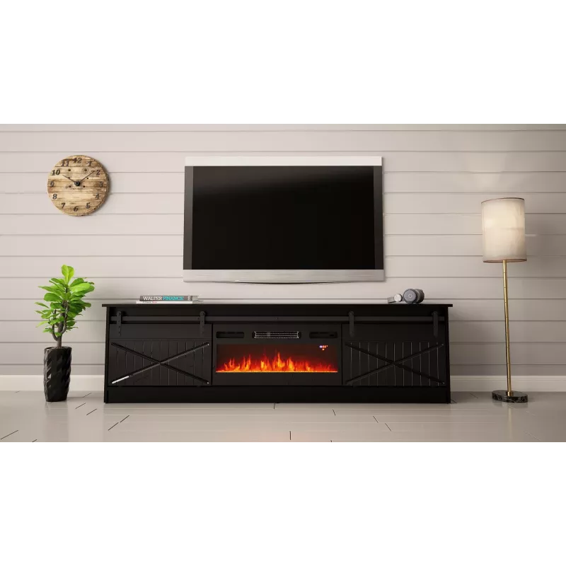 TV staliukas su židiniu Cama Meble GRANERO modelis — 200 x 56,7 x 35 cm, juoda/juoda blizgi, 2 durys, 2 lentynos, stumdomos durys, MDF/medžio drožlių plokštė