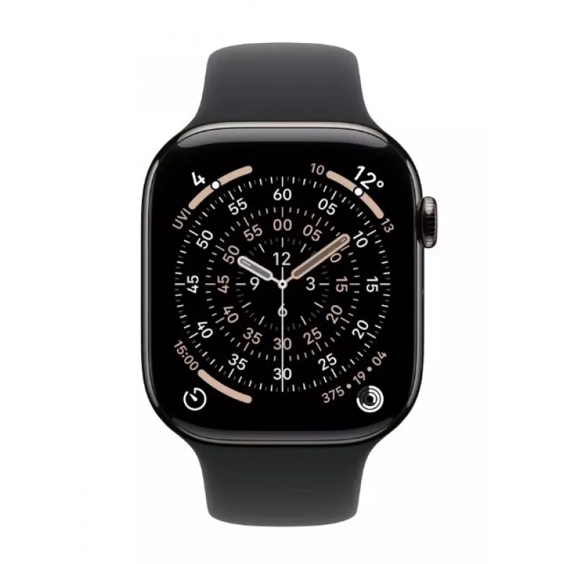Išmanusis laikrodis „Apple Watch Series 11“ GPS + Cellular 46 mm, tamsiai pilkas titano korpusas, juodas sportinis dirželis M/L