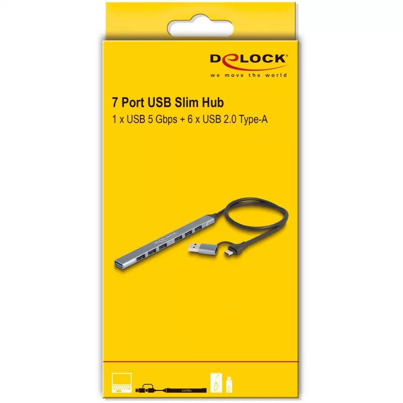 DELOCK 4 prievadų plonas USB šakotuvas — USB 3.2 Gen 1 priegloba Type-C, 3× USB 5 Gbps Type-C + 1× USB 5 Gbps Type-A, pilkas, metalinis