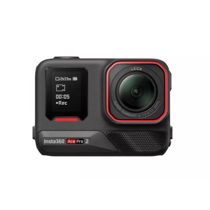 Veiksmo sporto kamera Insta360 Ace Pro 2 — 50 MP, 8K itin didelė raiška (7680×3272), 1/1,3 colio jutiklis, iki 240 kadrų per sekundę, įmontuotas ekranas, „Wi‑Fi“, „MicroSD“, 177,7 g, juoda