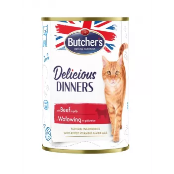 Butcher's Delicious Dinners 400 g — šlapias kačių maistas, jautiena, be grūdų, suaugusioms katėms